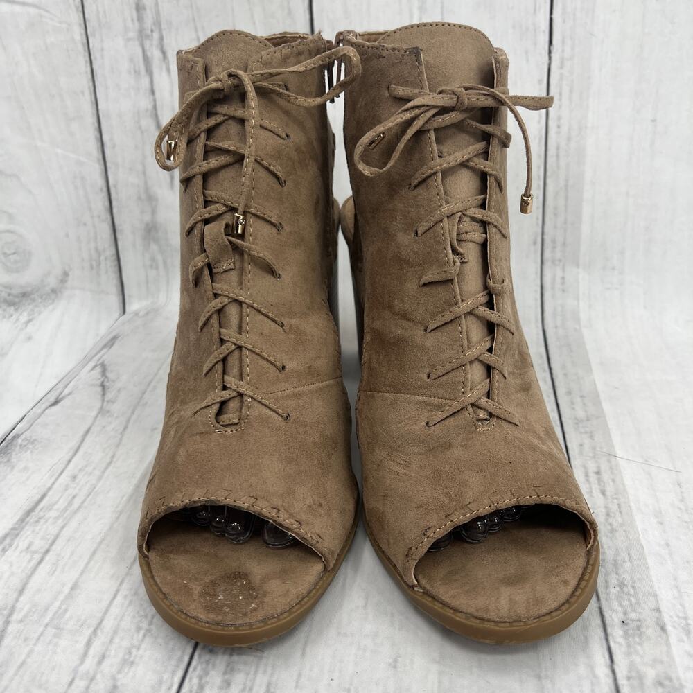 Report (11) BRAID Brown Faux Suede Leather Lace Up Heel Booties - Picture 4 of 9